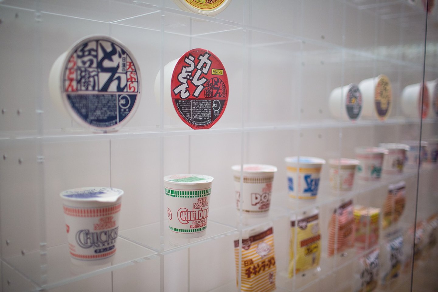 Just some of the many instant noodles on display at Yokohama's Cup Noodles Museum