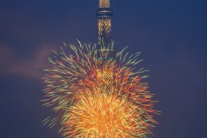 Colorful fireworks in front of the Tokyo Skytree