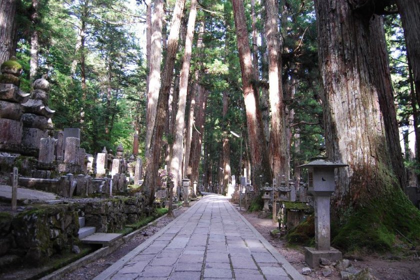 The two kilometer long path through Okunoin that leads up to Kukai\'s mausoleum