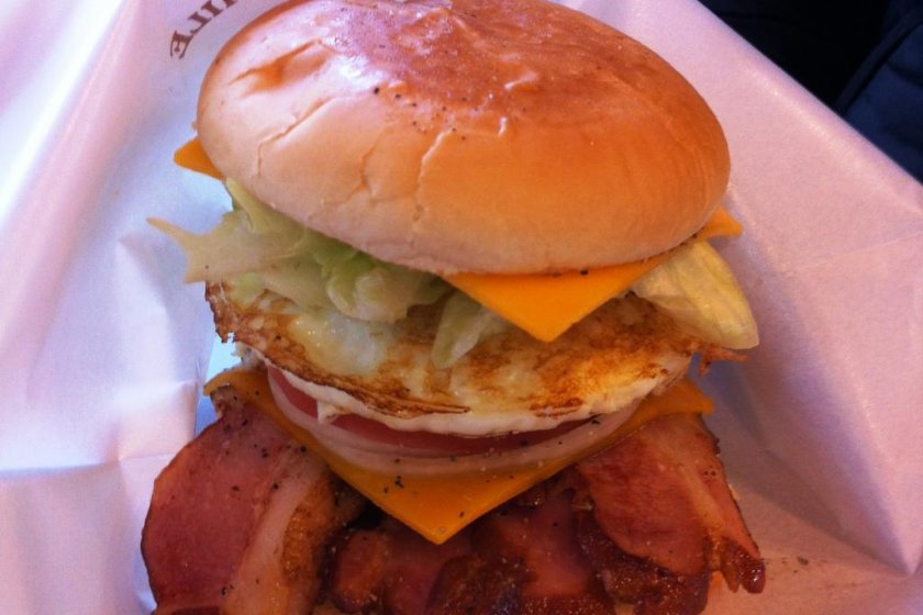 Big Man\'s famous bacon and egg burger