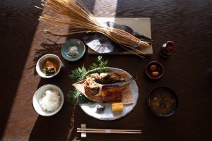 Traditional Japanese breakfast at Satoumitei