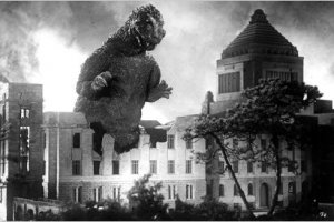 Godzilla takes a walk through the Diet Building.