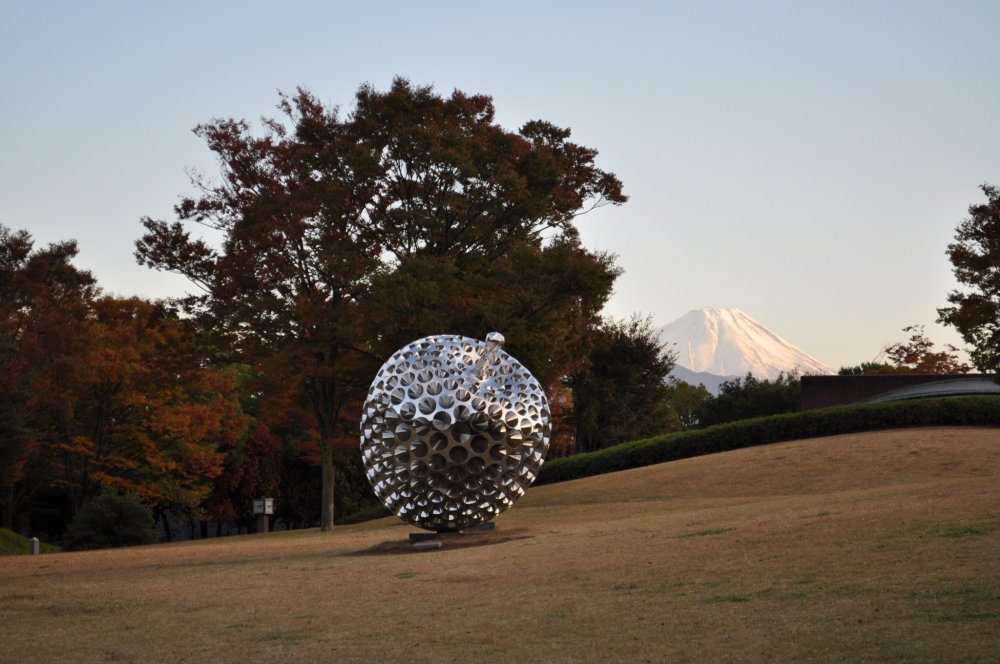 A spiky sculpture with Mt. Fuji in the background