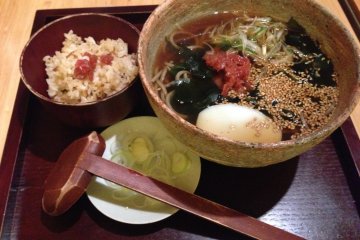 <p>ume-wakame soba with a side of rice</p>