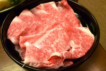 Thinly sliced Saga beef ready for shabu-shabu