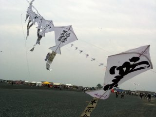 An almost 30 meter string of kites, with well wishes written on them, soar into the sky