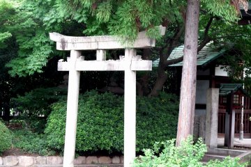<p>Pebbles are piled up on the small torii gate</p>