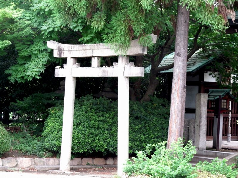 <p>Pebbles are piled up on the small torii gate</p>