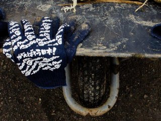 Our working gloves with an inspirational message: "Ganbarou Nihon!" 