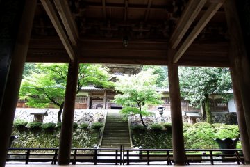 <p>High ceiling of the vast main gate of Eiheiji Temple</p>