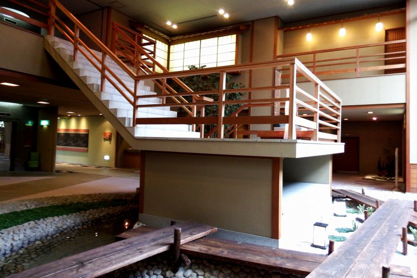 The stairs overlooking the lobby area