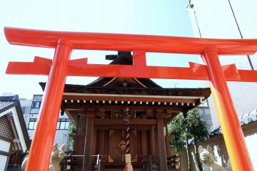Red torii gate of Fox Shrine standing inside Shibata Shrine&#39;s premises