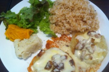 Delightful mashed potato and pumpkin cheese gratin pancakes and brown rice
