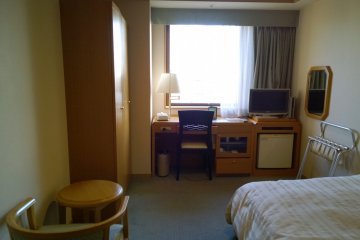 <p>Each room comes with a LCD T.V., a mini-refrigerator, a working space, and air conditioning</p>