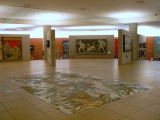 A modern room decorated with ancient art
