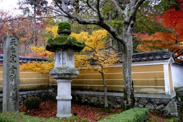 <p>A heavy crop of moss grows in a stone lantern near the gate</p>