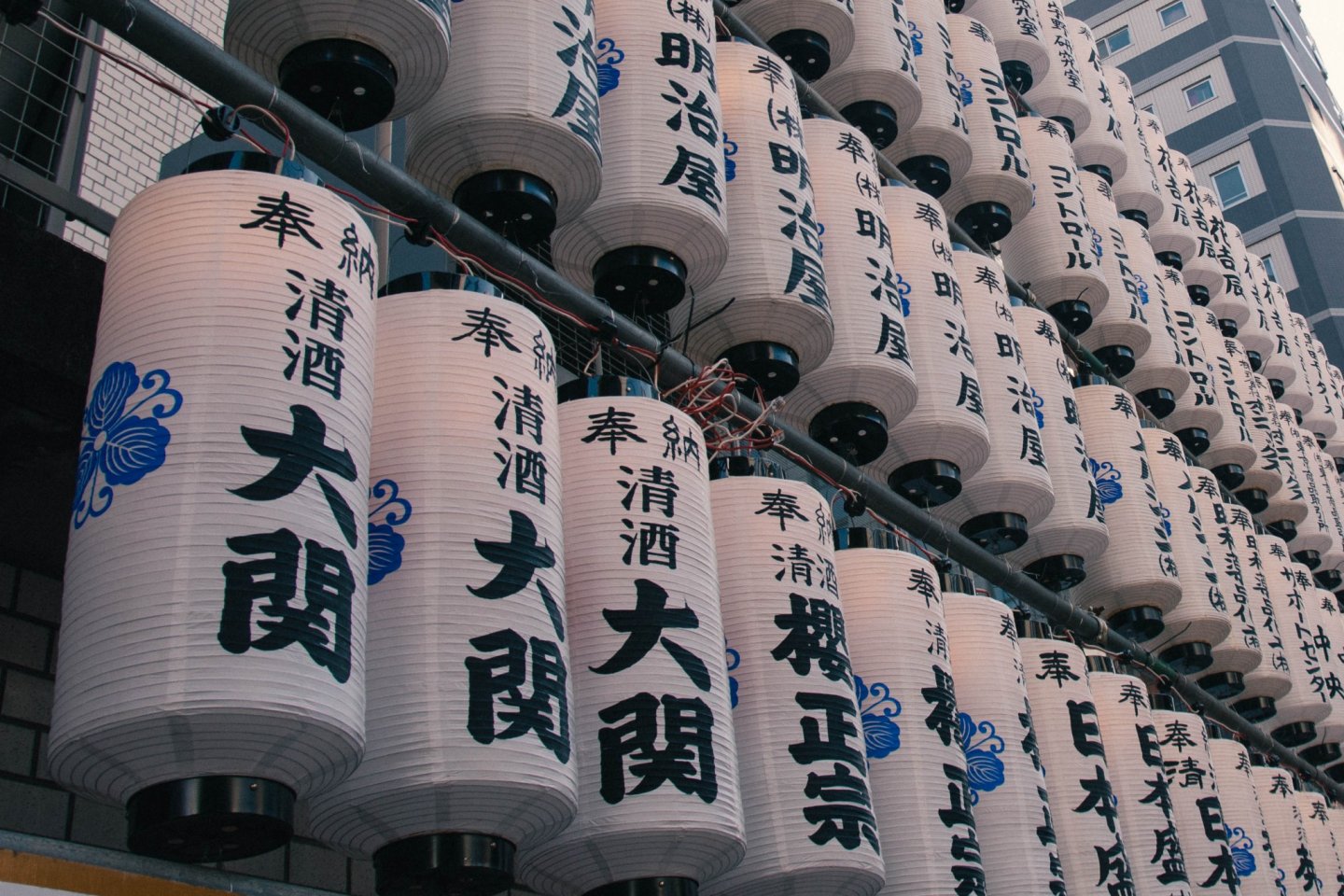 Lanterns are lined up around the streets surrounding the Takarada Ebisu Jinja Shrine.