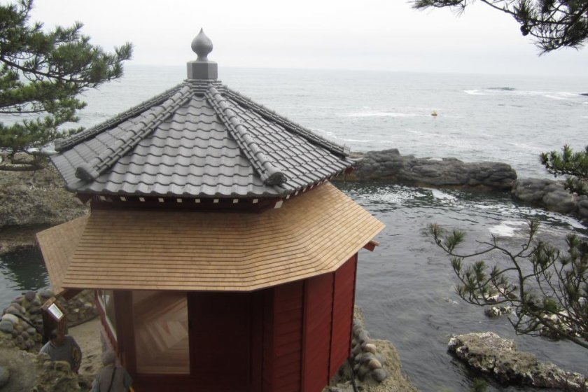 The rebuilt Rokkakudo seen from above, perched on the cliffs of Izura below Okakura Tenshin\'s home
