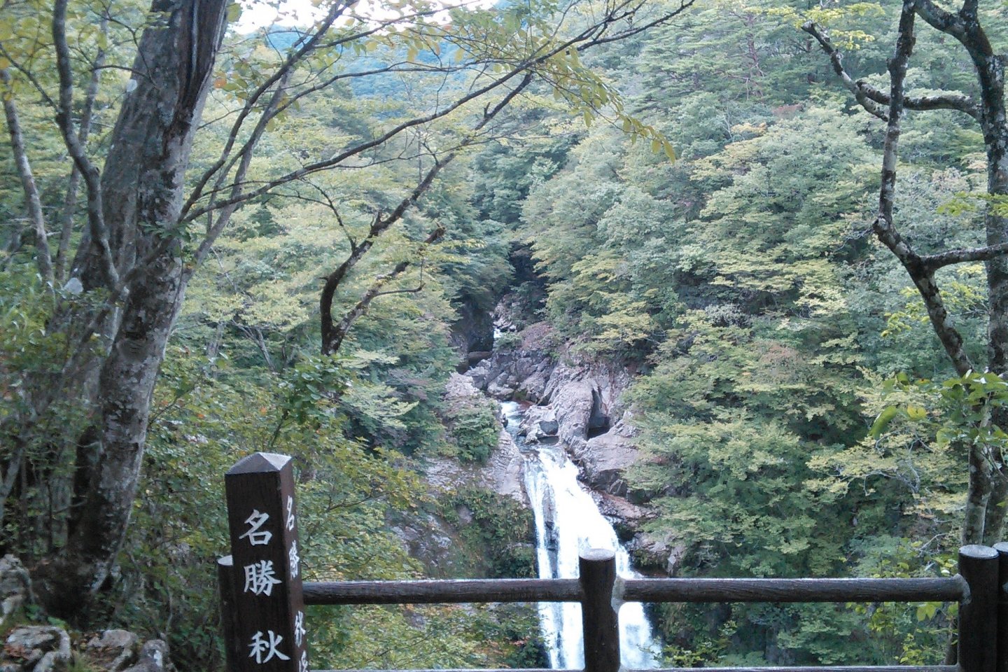 Indahnya air terjun  Akiu dilihat dari tempat observasi di belakang kuil