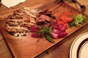 Foie-gras omelette, chicken liver and salmon sashimi plate