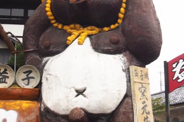 <p>The famous Mashiko giant ceramic&nbsp;Tanuki&nbsp;presiding over the stalls in the square</p>