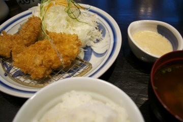 <p>Tonkatsu, rice, tororo (sticky food made from grating a yam) and miso soup</p>