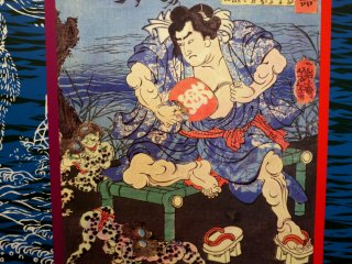 Картина, изображающая самурая, окруженного игривыми каппа