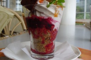 The rose parfait tastes as good as it looks. The piece of chocolatey herb cake is a nice touch.