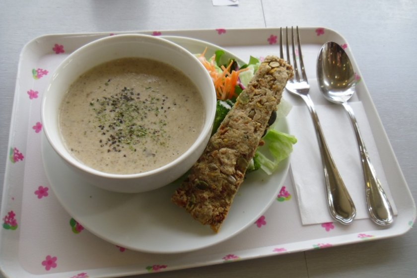 One of the soups of the day, mushroom, with a savory cereal bar and a small salad