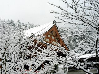 雪化粧した木々の間から頭を覗かせる寺の切妻屋根