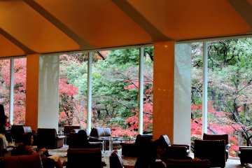 <p>The spacious lounge has comfortable sofas and tall windows through which you can view the beautiful colored leaves in the garden</p>