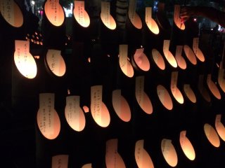 Illuminated bamboo lanterns have personal wishes written on them