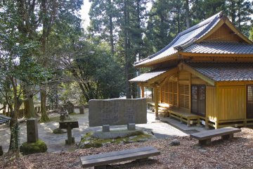 <p>A view of the shrine; it has some benches, old trees, stone lanters, and various interesting mosses</p>