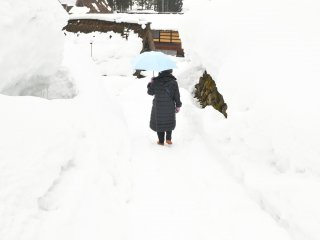 Pasti wanita itu seorang turis! Dia berjalan kaki dengan sangat berhati-hati agar tidak terperangkap di salju yang dalam.