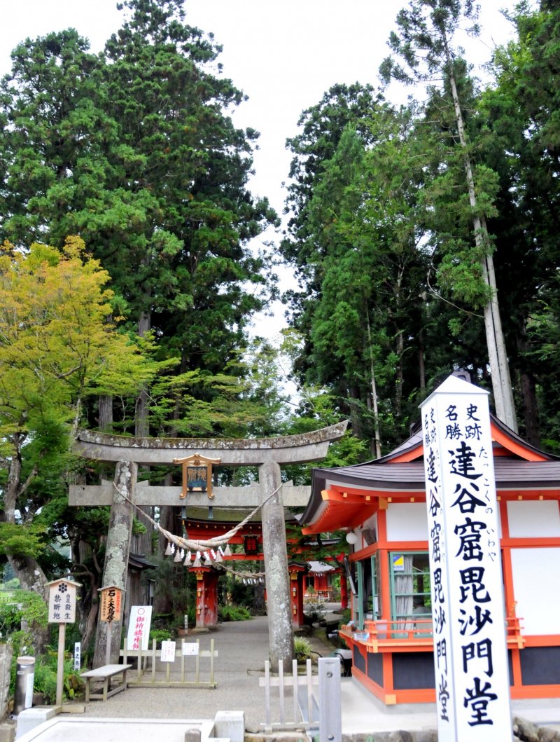 Посетители проходят через трое ворот тории - первые относятся к эпохе Эдо и сделаны из камня, добытого тут же, другие – из дерева, ярко окрашенного красным.