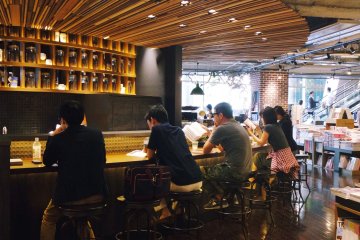 <p>The bar seating at the Starbucks inside Tsutaya</p>