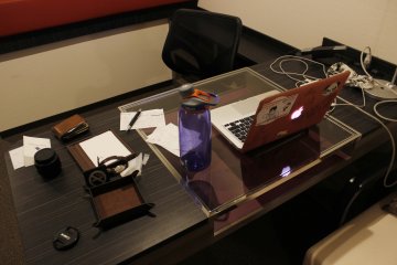 The desk is spacious and very useful for work on the go.