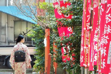 <p>В храме мало посетителей. Мне повезло увидеть в день своего визита эту посетительницу храма, одетую в кимоно.</p>