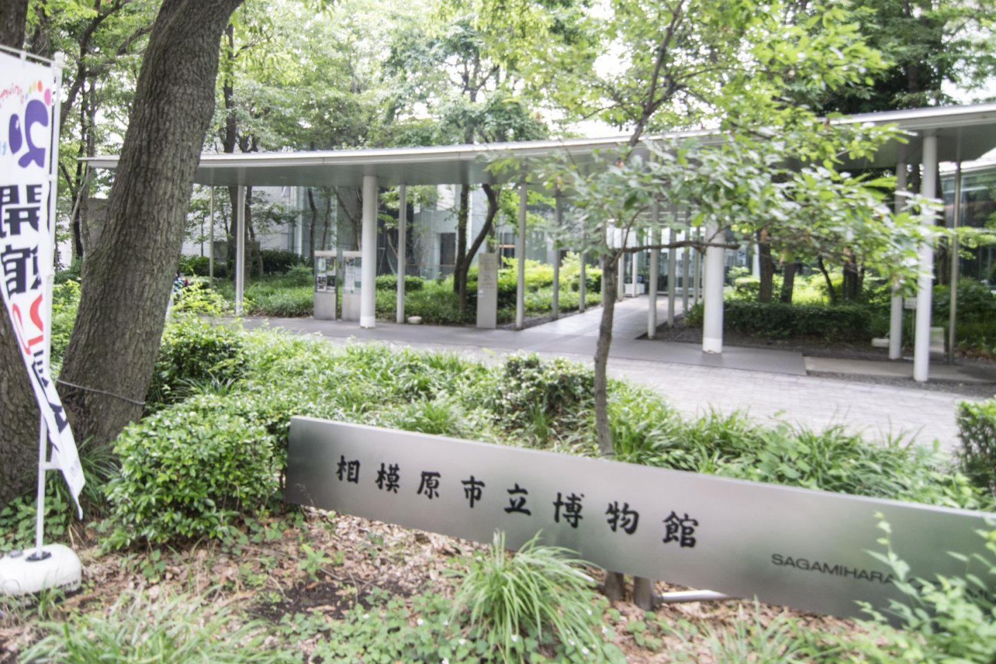 Lối vào Bảo tàng thành phố Sagamihara, một đường lái xe được bao phủ bởi những cây xanh tươi tốt.