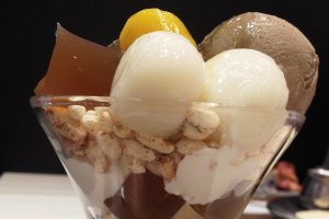 Lush desserts topped with glaced chestnut and roasted tea ice cream