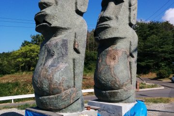The original moai given to Minamisanriku stand wounded but full of pride at a hill overlooking the town
