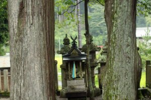 A small shrine altar between two enormous cedar trees