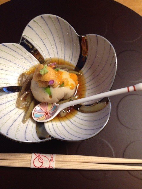 <p>Sea Urchin on tofu seasoned with sesame.</p>