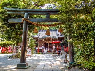 Un torii avec la cour principale en arrière-plan
