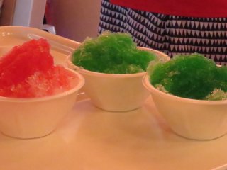 Kakigoori (Japanese flavored shaved ice) is served to passengers as a cooling treat.