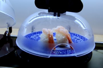 <p>Every plate of sushi has a protective cover</p>
