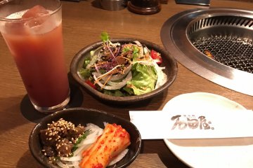 <p>My appetizer was salad and beef mixed with kimchi. I ordered cassis orange, a kind of cocktail to go with my meal.</p>