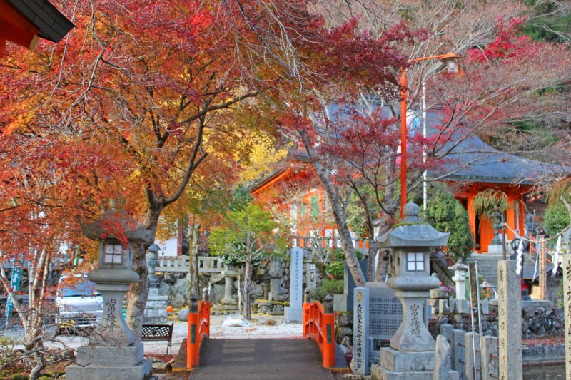 <p>The stone lanterns and fiery leaves form a beautiful gateway over one of the entrance bridges</p>
