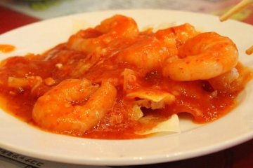 Shrimp covered with chili-paste, locals call this Ebi-chilli