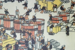 A mural depicting sake brewing on the wall at Nabedana brewery